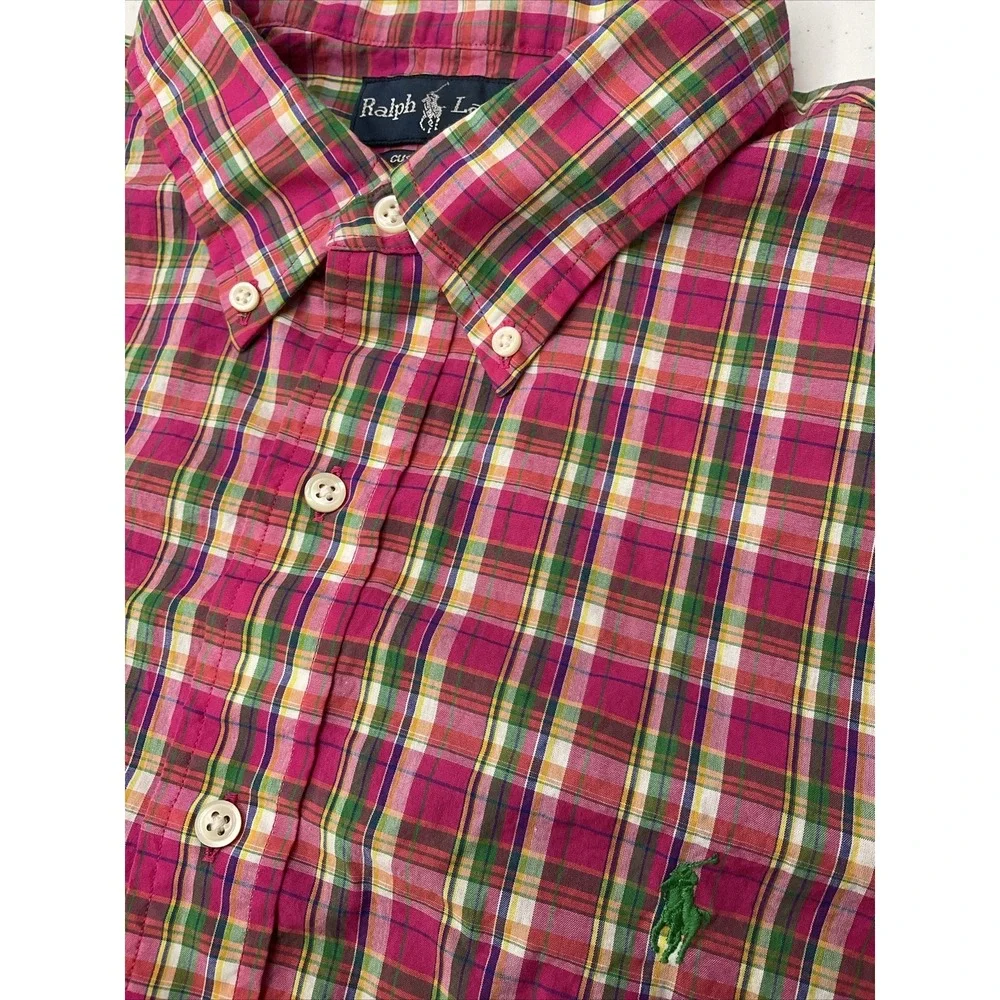 Polo Ralph Lauren Shirt Men Sz XL Custom Fit Plaid Pink Spring Long Sleeve Pony